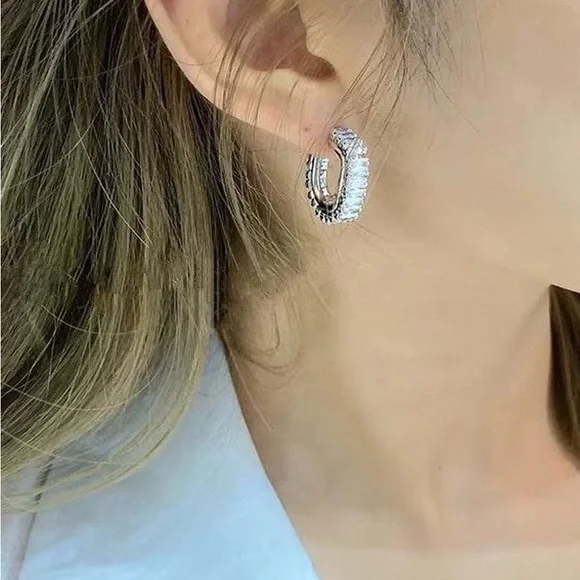 Silver cz earrings, cz hoop earrings, party earrings, silver hoop - Picture 6 of 6